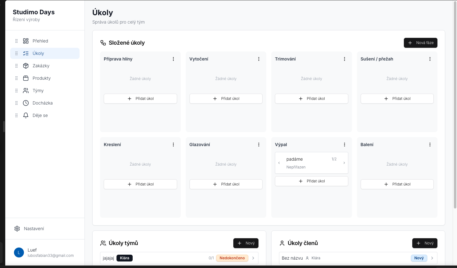 Studimo App, řízení výroby a úkolů